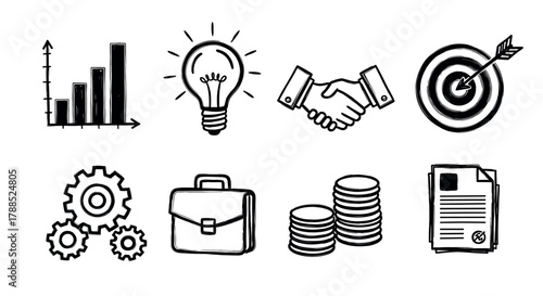 Black and white sketch-style icons representing business concepts such as growth, innovation, partnership, target, productivity, finance, and paperwork.