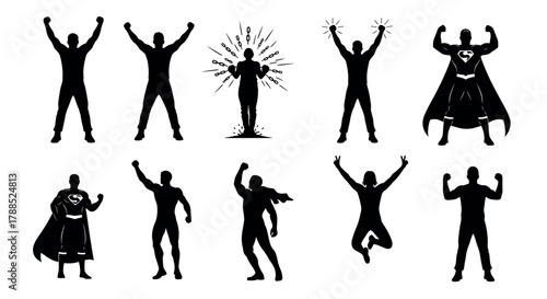 Set of nine black silhouette illustrations depicting superhero figures in various dynamic poses with capes and an explosion effect.