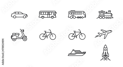 Black outline icon set depicting various transportation modes, including a car, bus, train, scooter, bicycles, airplane, ship, and rocket.