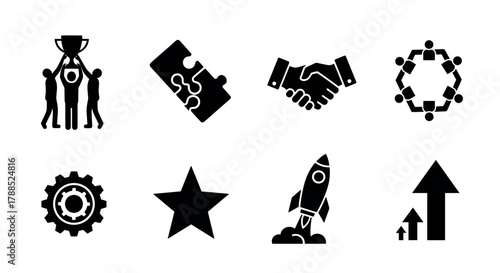 Black icons representing teamwork, innovation, achievement, collaboration, strategy, progress, and success in various forms.