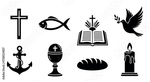 Black silhouette icons representing christian symbols, including a cross, fish, open bible, dove, anchor, chalice, bread, and candle.
