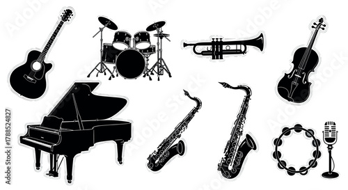 Black silhouette illustrations of various musical instruments, including a guitar, drum set, trumpet, violin, grand piano, saxophones, tambourine, and vintage microphone.