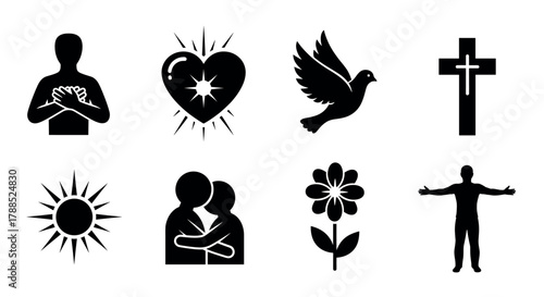 Black silhouette icons depicting symbols of love, peace, and spirituality, including heart, dove, cross, sun, couple, flower, and outstretched arms.