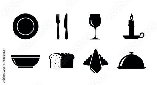 Black silhouette icons depicting a plate, cutlery, wine glass, candle, bowl, loaf of bread, folded napkin, and a covered dish.