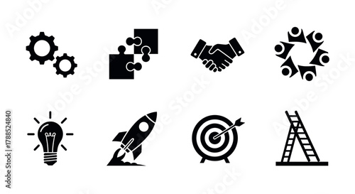 Set of black silhouette icons depicting gears, jigsaw pieces, handshake, teamwork circle, lightbulb, rocket launch, target with arrow, and a ladder.