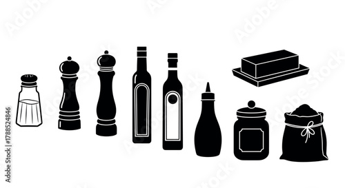 Black and white silhouette icons of kitchen condiments including salt, pepper, oil, vinegar bottles, a butter dish, and various seasoning containers.