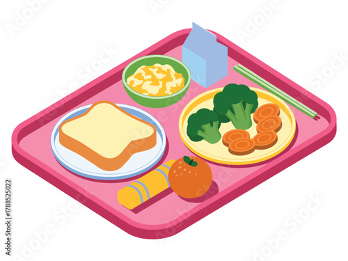 School lunch tray with healthy food nutritious meal for kids with sandwich, vegetables, fruit, and milk carton