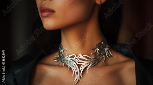 Modern Art Design Necklace on Female Model
Minimalistic Beauty Portrait with Silver Accessory