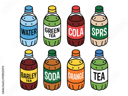 Variety of colorful soda bottles with different flavors, including water, green tea, cola, and orange