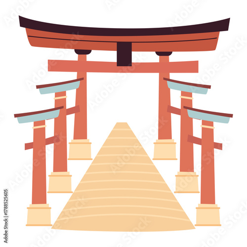 Classic red japanese torii gate icon in flat vector illustration style isolated on a white background, representing traditional shinto shrine entrance