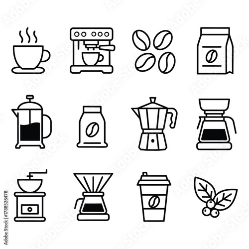 Vector icon set illustrating various black and white beverage designs including coffee, tea, espresso, mug, cup, glass, and cocktail symbols for cafe and restaurant menus