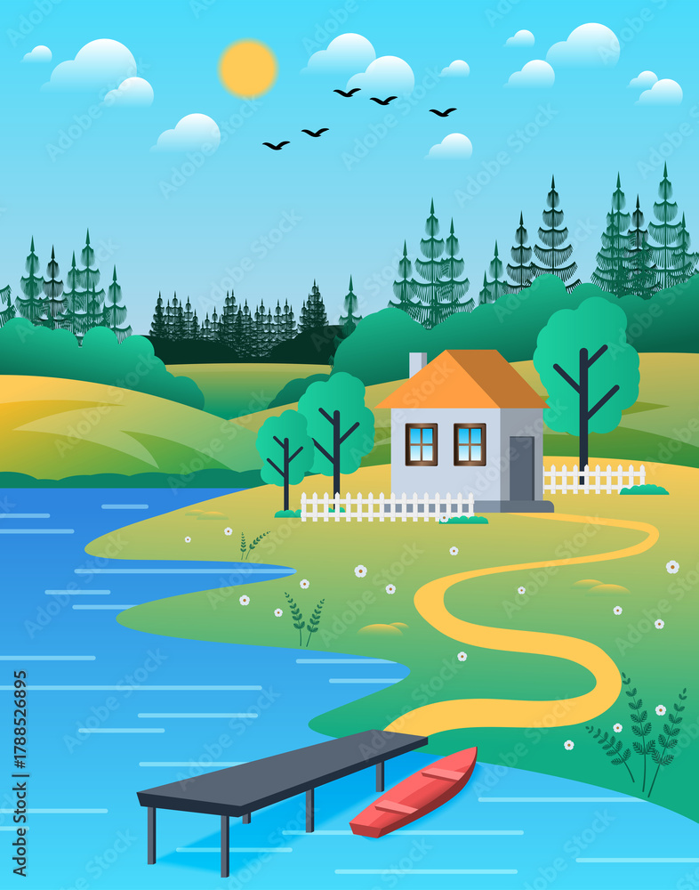 Fototapeta premium Cute rural summer landscape. A small house with a garden and fence by a river against the backdrop of a pine forest, sky with sun, clouds, and flying birds. 