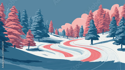 Flat vector of sleigh tracks winding through snowy pine forest, peaceful winter landscape for Christmas packaging, holiday decor or seasonal poster, clean bold composition