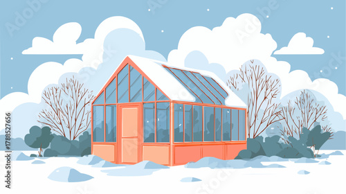 Flat vector of a small greenhouse covered with snow in a quiet garden, calm winter scene for Christmas packaging, seasonal poster or home decor, bold clean composition