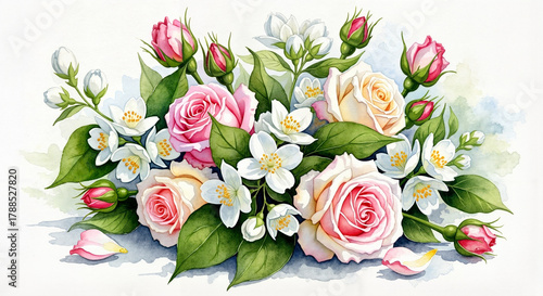 Bouquet of jasmine and roses in loose watercolor style, soft floral colors, fragrant botanical art