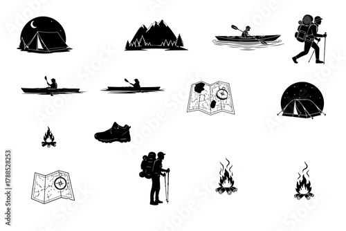 Silhouette pack of travel adventure gear backpacker with hiking poles, tent under stars, kayak on river, campfire, map & compass, 