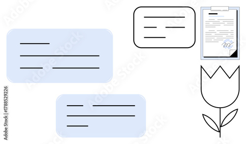 Documents, chat boxes, and a blooming flower symbolize communication, legal agreements, growth, and collaboration. Ideal for teamwork, messaging, agreements feedback creativity innovation simple