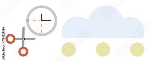 Scissors cutting clock near cloud with dots symbolizing time optimization. Ideal for productivity, organization, technology, data storage, cloud computing, time saving, minimalism. Simple flat