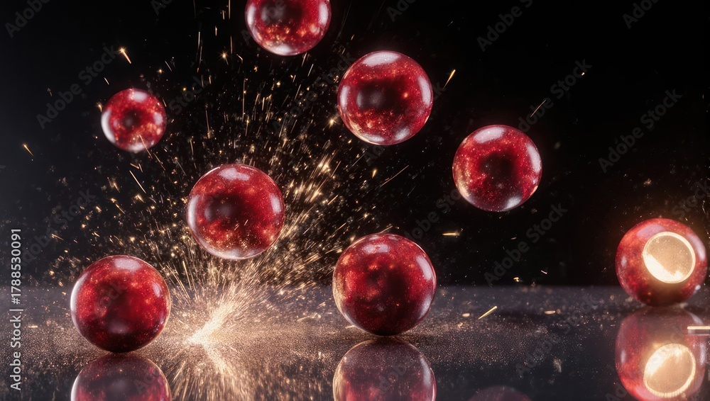 Naklejka premium Explosion of red spheres with sparks and reflections.