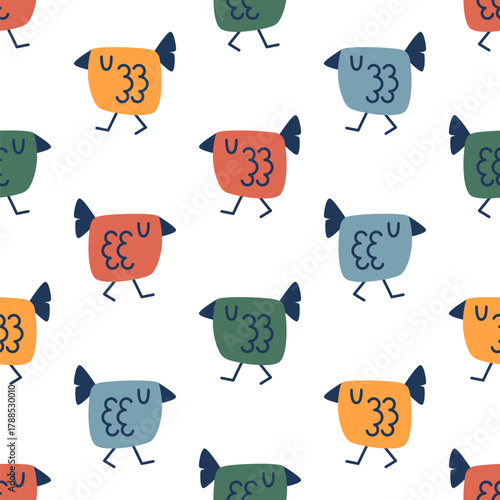 Cute birds seamless pattern. Funny walking colorful birds. Handdrawn vector repeating ornament useful for print, kids fabric, textile, apparel, clothes, wallpaper, wrapping paper, digital paper