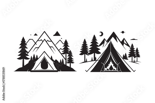 Two stylized mountain camping scenes with tents and trees