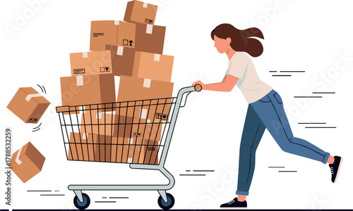 Woman pushing a shopping cart overflowing with cardboard boxes