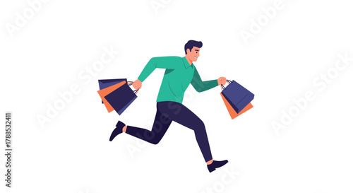 Man running with shopping bags excitedly after shopping