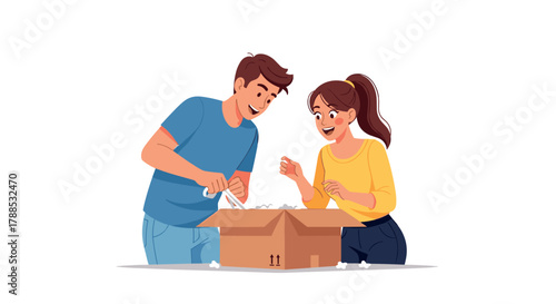 Couple unpacking a cardboard box together