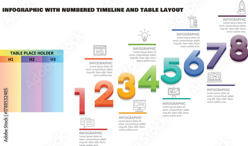 Vibrant Colorful Infographic With Numbered Timeline And Table Layout For Data Presentation, Business Reports, Analytics, And Creative Visual Communication Templates