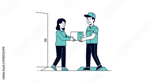 Delivery person hands a package to a woman at her doorstep