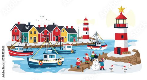 Charming snowy harbor scene with colorful buildings and boats