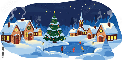 Cozy snow covered village scene with christmas tree and pond