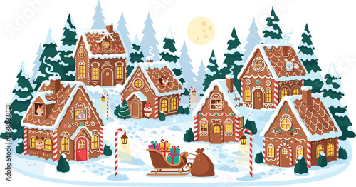 Whimsical snow covered gingerbread village with festive lights