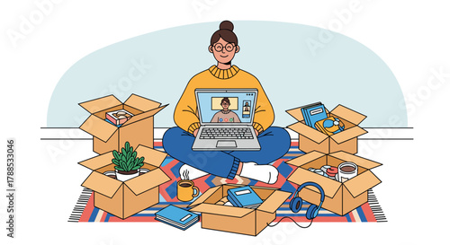 Woman with laptop surrounded by moving boxes and belongings