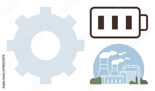 Gear mechanism, battery charge, factory with chimneys emitting smoke. Ideal for energy, industry, production, sustainability, innovation efficiency technology. Simple flat metaphor