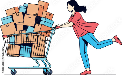 Woman pushing overloaded shopping cart with many boxes