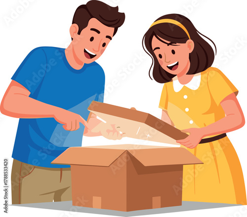 Young couple excitedly unpacking a cardboard box together