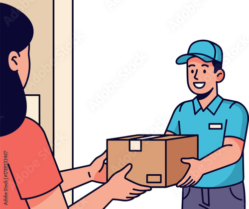 Delivery person hands a package to a customer at their door