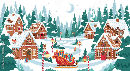 Whimsical gingerbread village in a snowy forest landscape