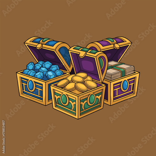Treasure Chest Illustration with Gold Coins, Gems and Cash on Brown Background