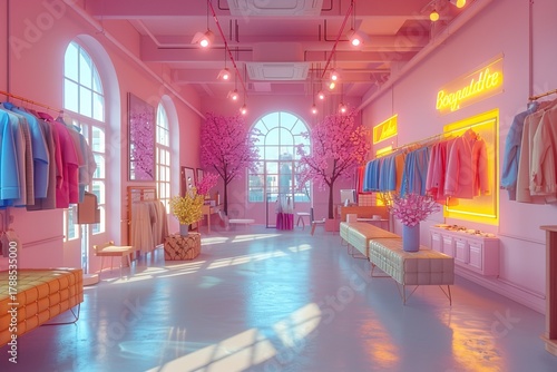 Modern pastel boutique interior with neon lights and cherry blossom decor, generative ai