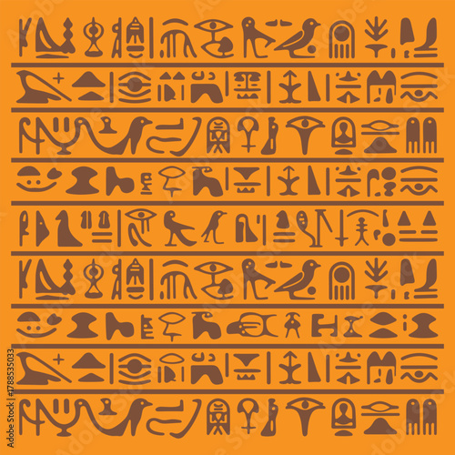 Ancient Egyptian Hieroglyph Seamless Pattern with Traditional Symbols on Orange Background