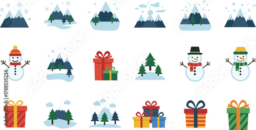 Winter icon set illustration, snowmen, snowy mountains, evergreen trees, gift boxes, festive vector design, seasonal holiday symbol pack
