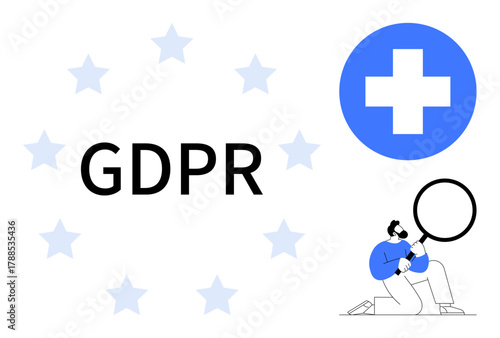 GDPR text encircled by stars, medical cross icon, person holding magnifying glass. Ideal for data protection, compliance, healthcare, privacy, cybersecurity legal EU regulations. Simple flat