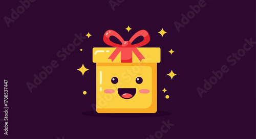 A delightful yellow gift box with a happy smiling face and a red bow, surrounded by twinkling stars and sparkles on a dark purple background