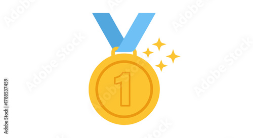 Golden medal with blue ribbon and sparkling stars, symbolizing first place achievement and victory in a competition or event