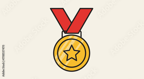 Golden medal with a red ribbon, symbolizing victory, achievement, and recognition for excellence