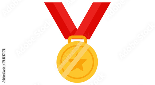 Gold medal with red ribbon symbolizing achievement and victory, representing first place and success in competitions and events