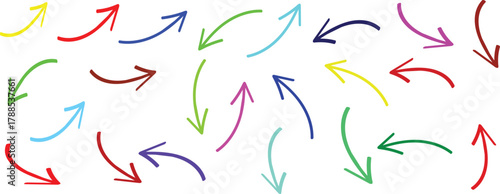 Hand drawn colorful arrows on a set of simple doodle pointers, sketch style vector illustration