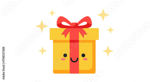 A delightful yellow gift box with a red ribbon and a cute smiling face, surrounded by sparkling stars, perfect for celebrations and special occasions